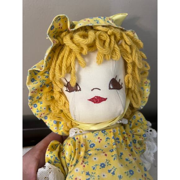 Handmade, rag doll yellow hair with yellow floral dress 12” tall - Picture 2 of 6